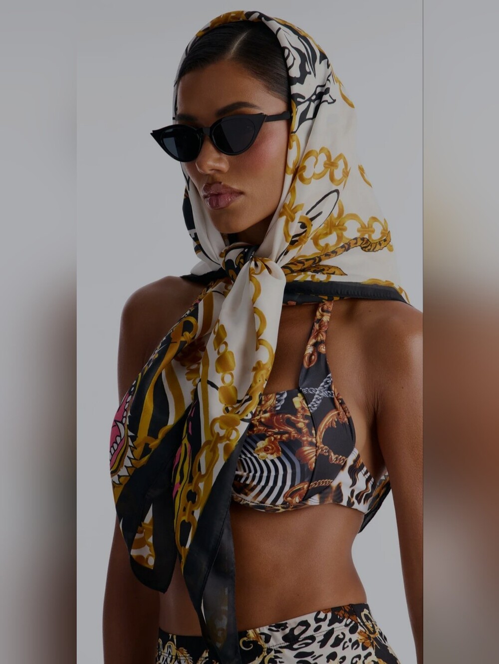 Ed Hardy White, Gold, Black, Chain & Tiger Print Silk Scarf - Picture 5 of 7